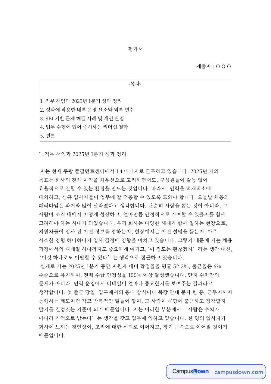 직무 책임과 2025년 1분기 성과 정리 자료의 첫 페이지 미리보기