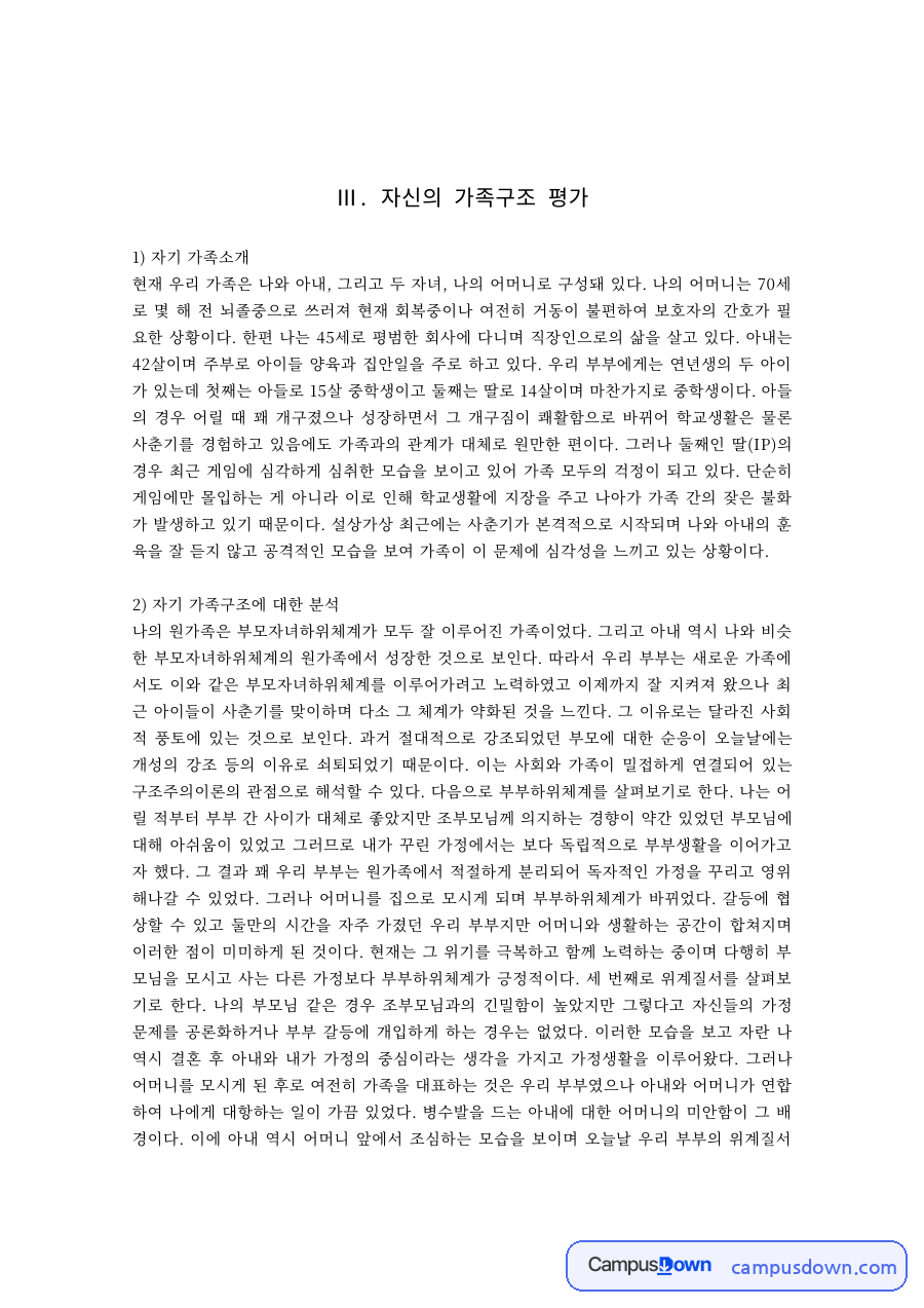 가족학 과제 – 3세대 가족구조 분석과 보고서 소감 자료의 첫 페이지 미리보기