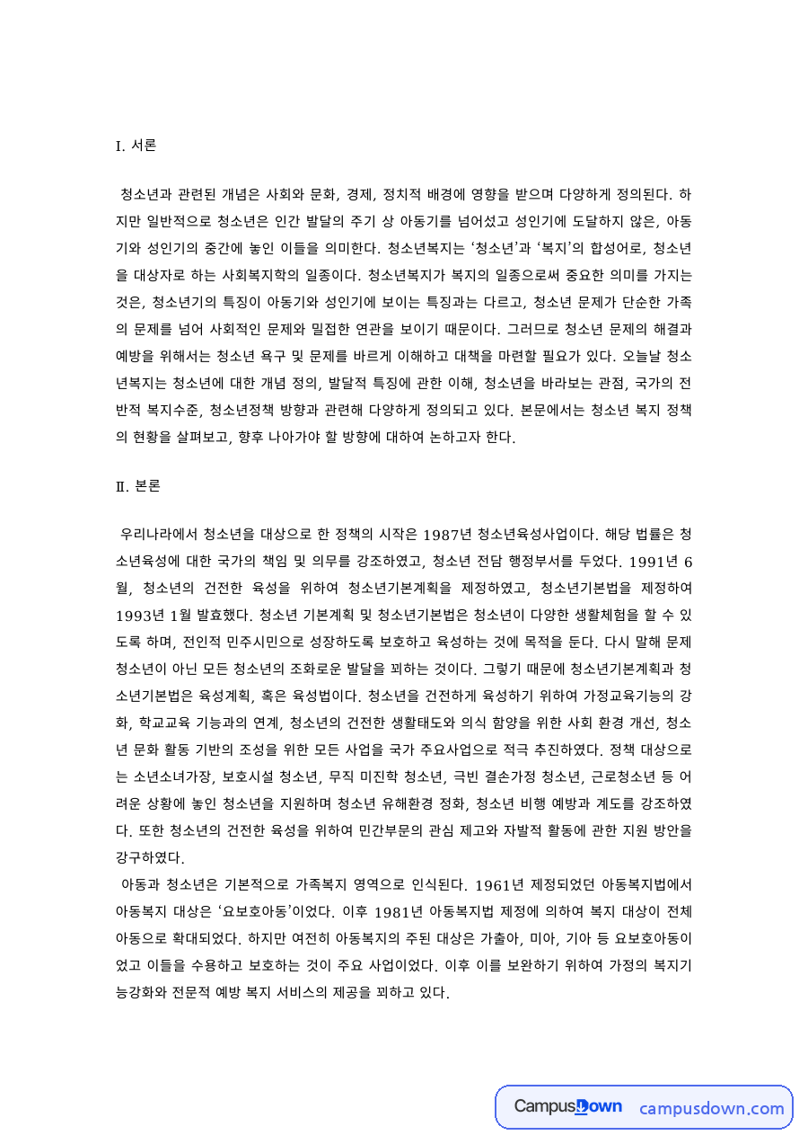 청소년복지 과제 – 청소년의 개념과 청소년 문제 자료의 첫 페이지 미리보기