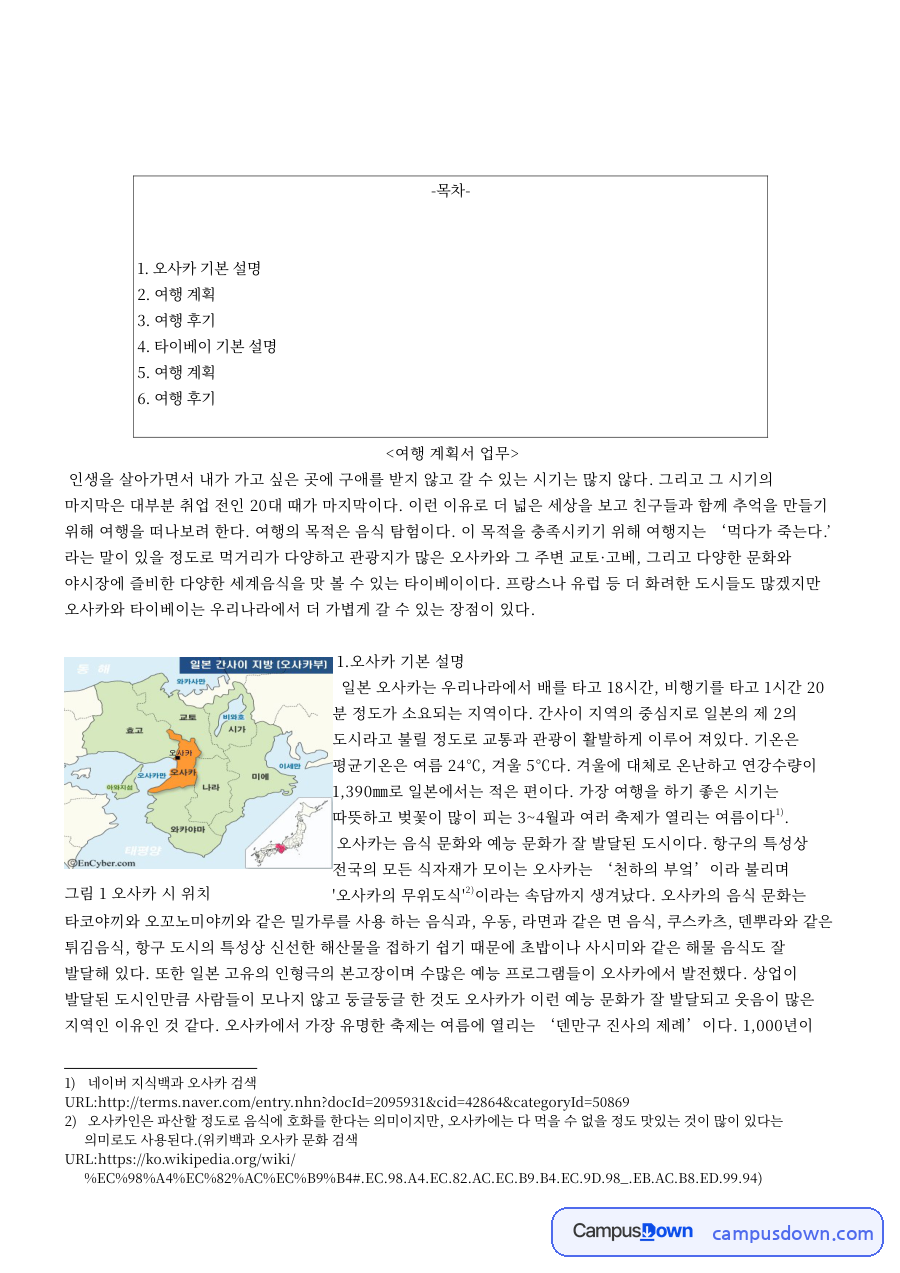 여행 계획서 업무 자료의 첫 페이지 미리보기