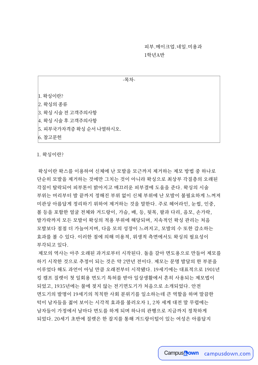 왁싱이란?와 왁싱의 종류 자료의 첫 페이지 미리보기