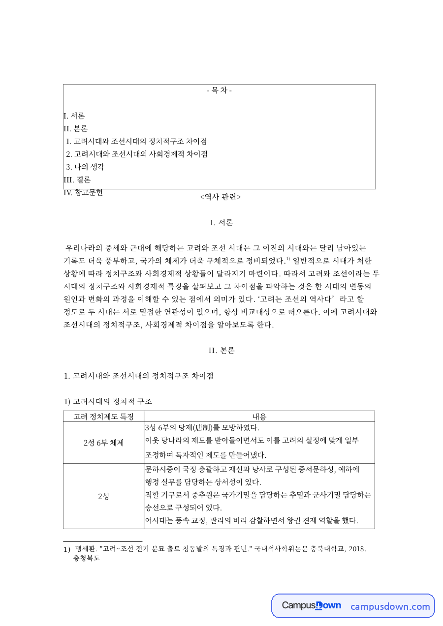 고려시대와 조선, 차이점 관련 핵심 내용 요약 정리 자료의 첫 페이지 미리보기