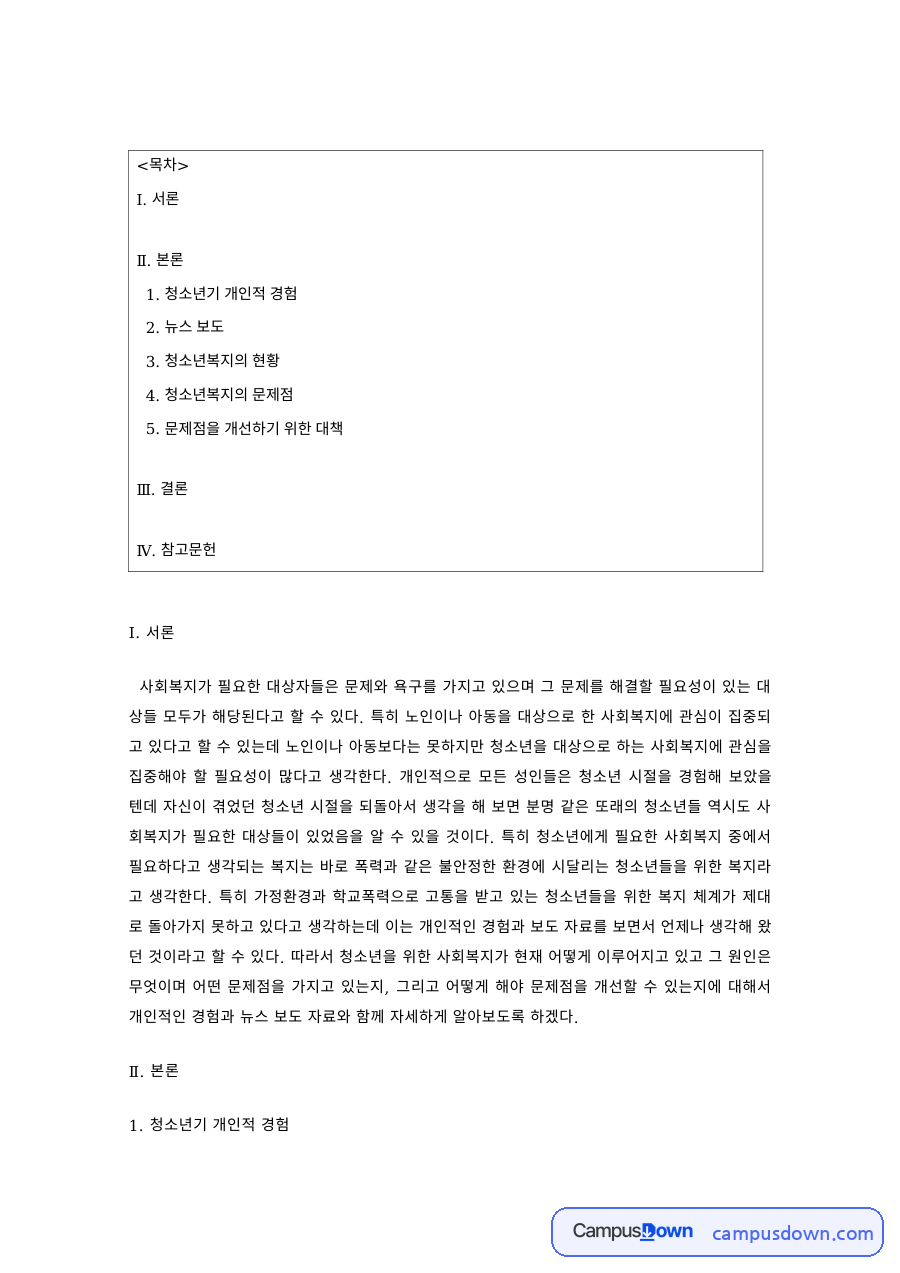 청소년복지론 과제 – 청소년기 경험과 청소년복지 현황 자료의 첫 페이지 미리보기