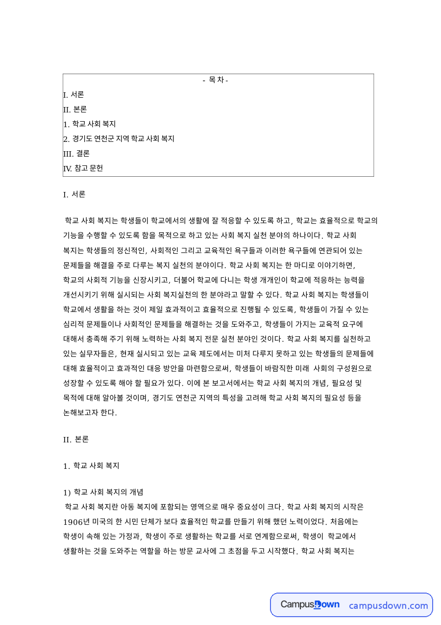학교 사회 복지: 학생·연천군 중심 핵심 내용 정리 자료의 첫 페이지 미리보기