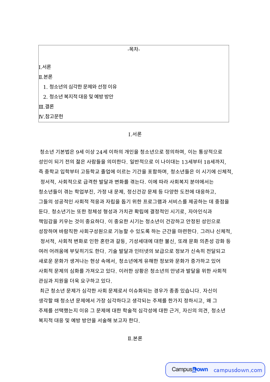 청소년의 심각한 문제와 선정 이유 자료의 첫 페이지 미리보기