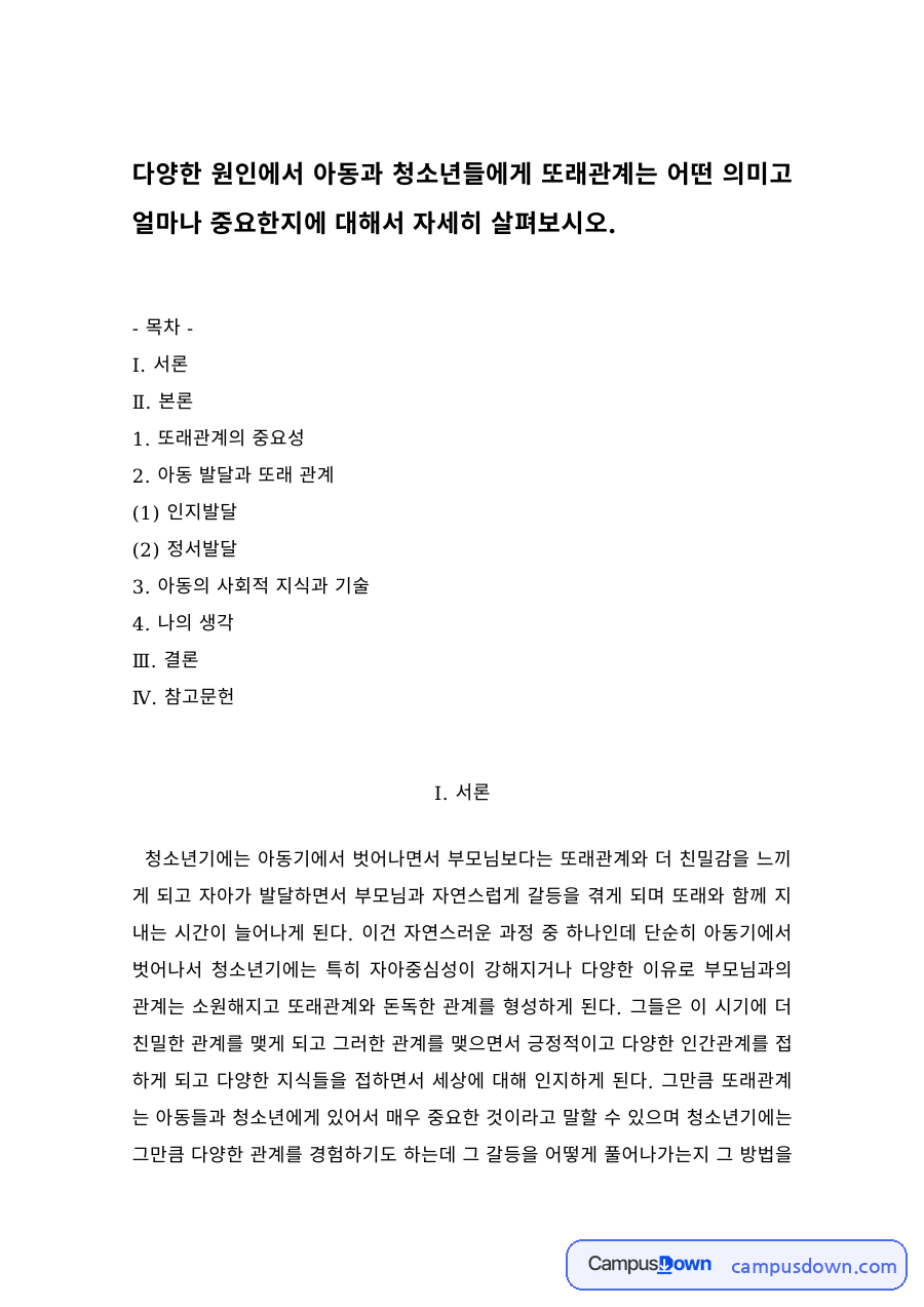 아동발달 과제 – 아동·청소년 또래관계의 의미와 중요성 자료의 첫 페이지 미리보기
