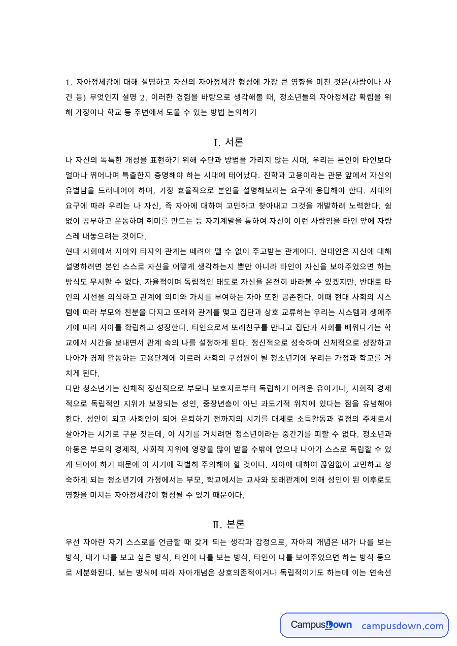 청소년심리 과제 – 자아정체감의 개념과 자아정체감 형성에 영향을 준 요인 자료의 첫 페이지 미리보기
