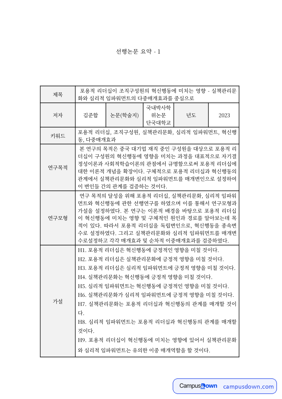 리더십 과제 – 포용적 리더십과 혁신행동 선행논문 요약 자료의 첫 페이지 미리보기
