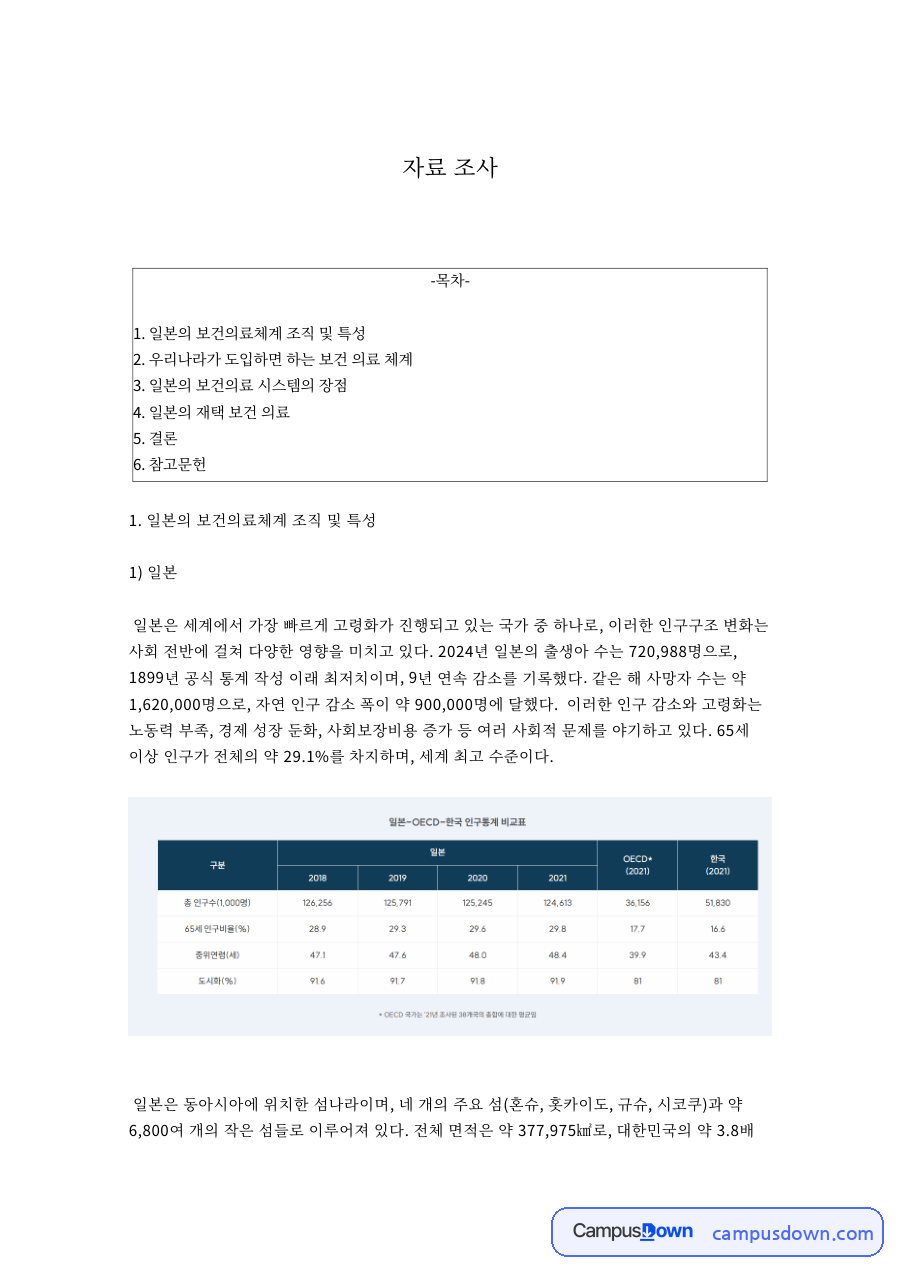 일본의 보건의료체계 조직 및 특성 자료의 첫 페이지 미리보기