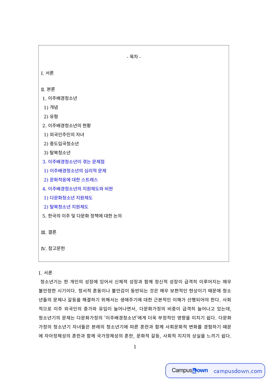 청소년복지 과제 – 다문화 청소년의 개념과 유형 자료의 첫 페이지 미리보기