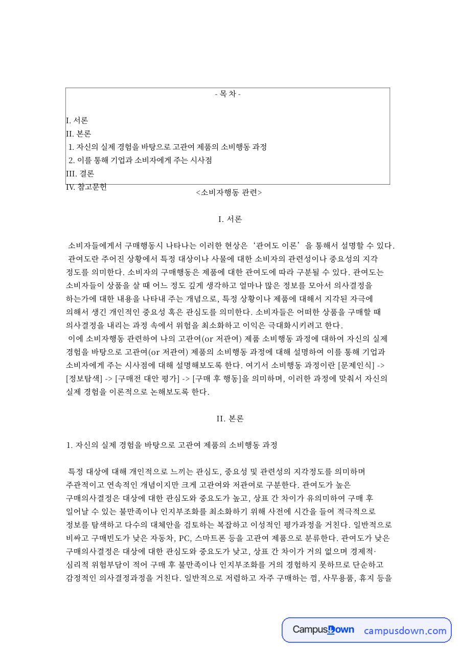 쏘나타 구매 경험으로 본 고관여 제품 소비행동 과정 자료의 첫 페이지 미리보기