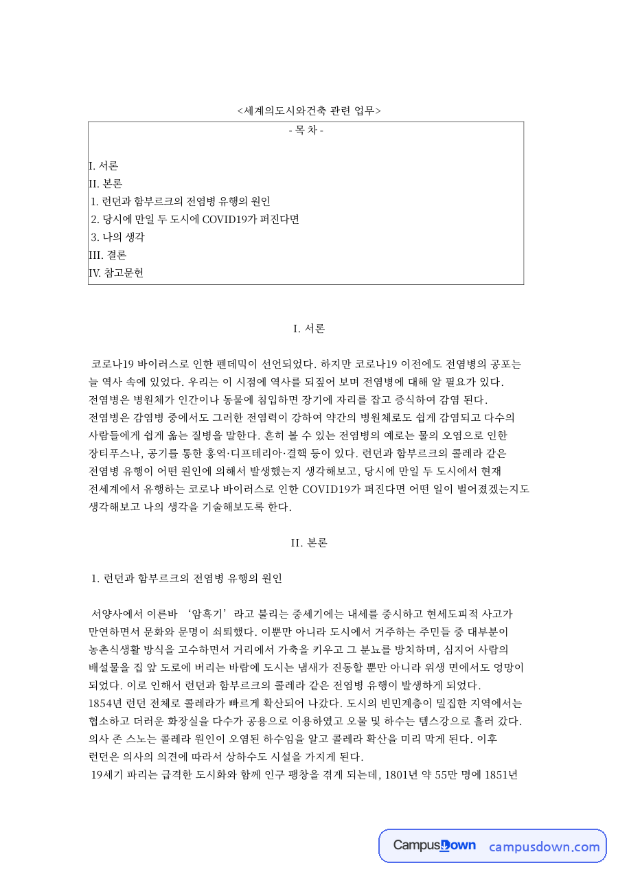 런던과 함부르크의 전염병 유행의 원인 핵심 내용 요약 정리 자료의 첫 페이지 미리보기