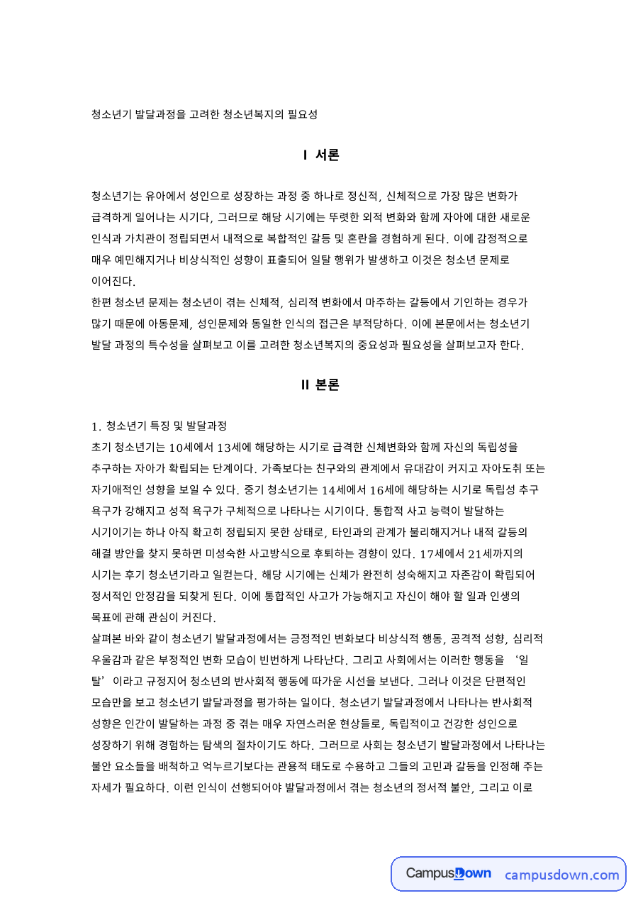 청소년기 발달과정을 고려한 청소년복지의 필요성 자료의 첫 페이지 미리보기
