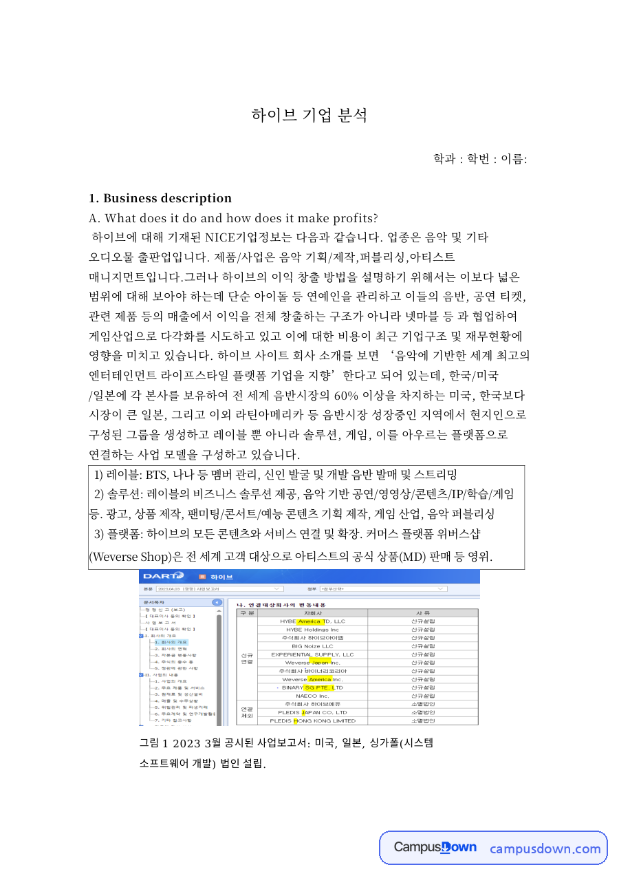 하이브 기업 분석 자료의 첫 페이지 미리보기