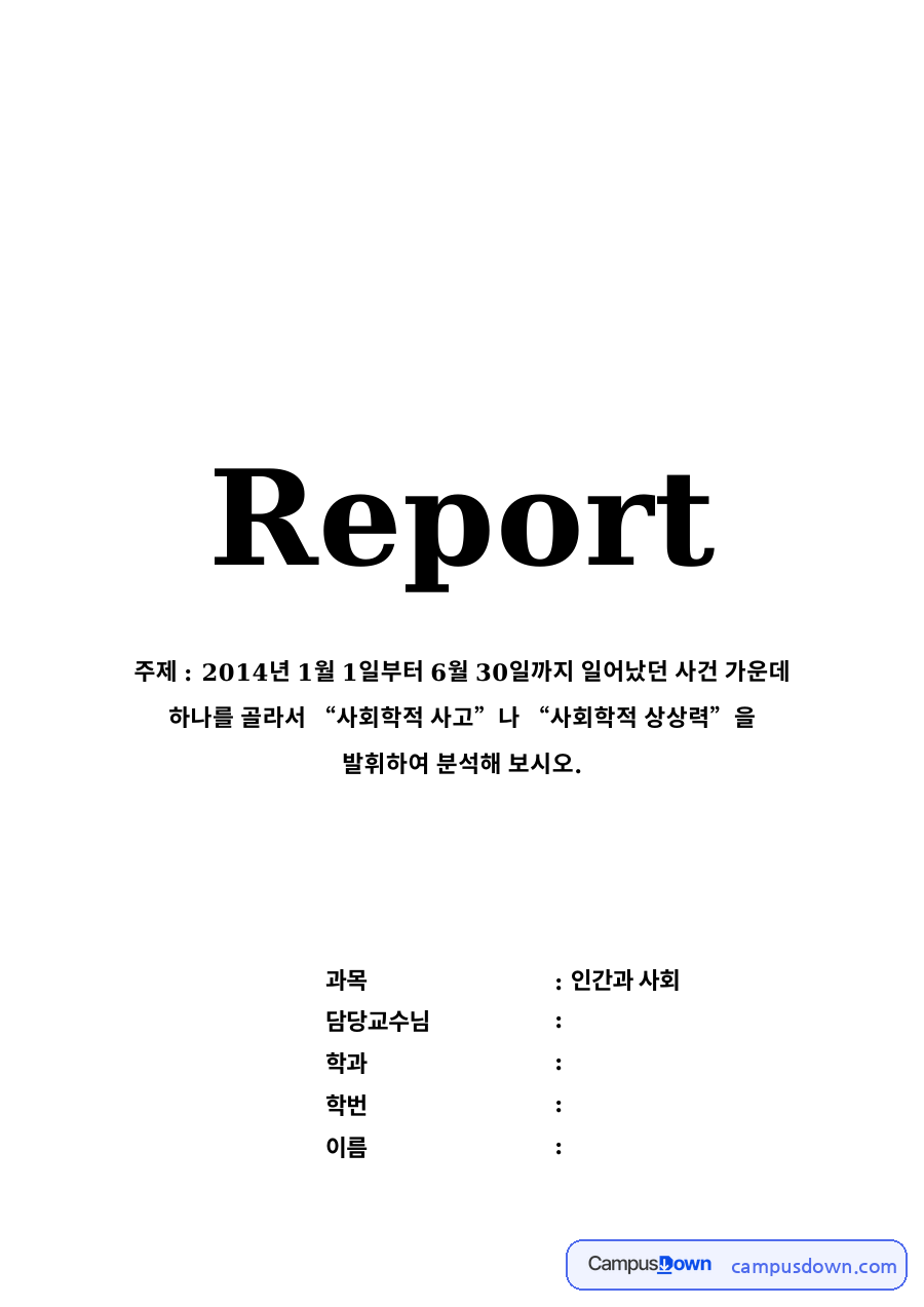 사회학개론 과제 - 사회학적 상상력으로 본 세월호 참사 자료의 첫 페이지 미리보기