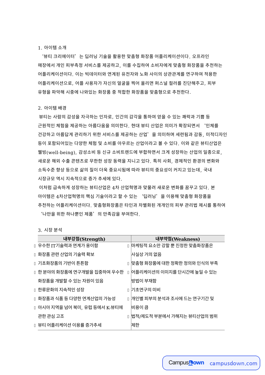 아이템 소개: 어플리케이션·화장품 중심 핵심 내용 정리 자료의 첫 페이지 미리보기
