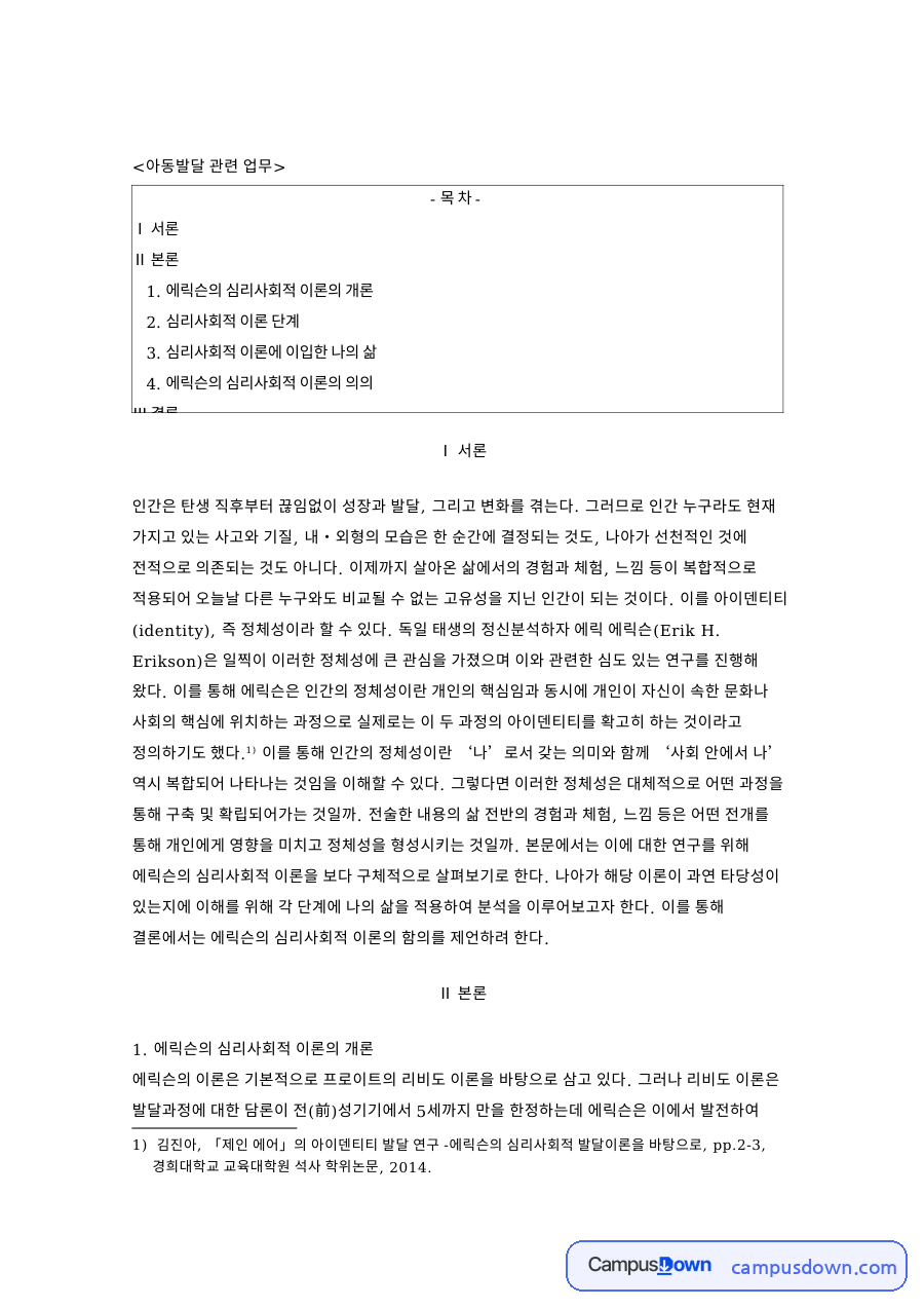 심리사회적 이론 단계 핵심 개념과 주요 내용 정리 자료의 첫 페이지 미리보기