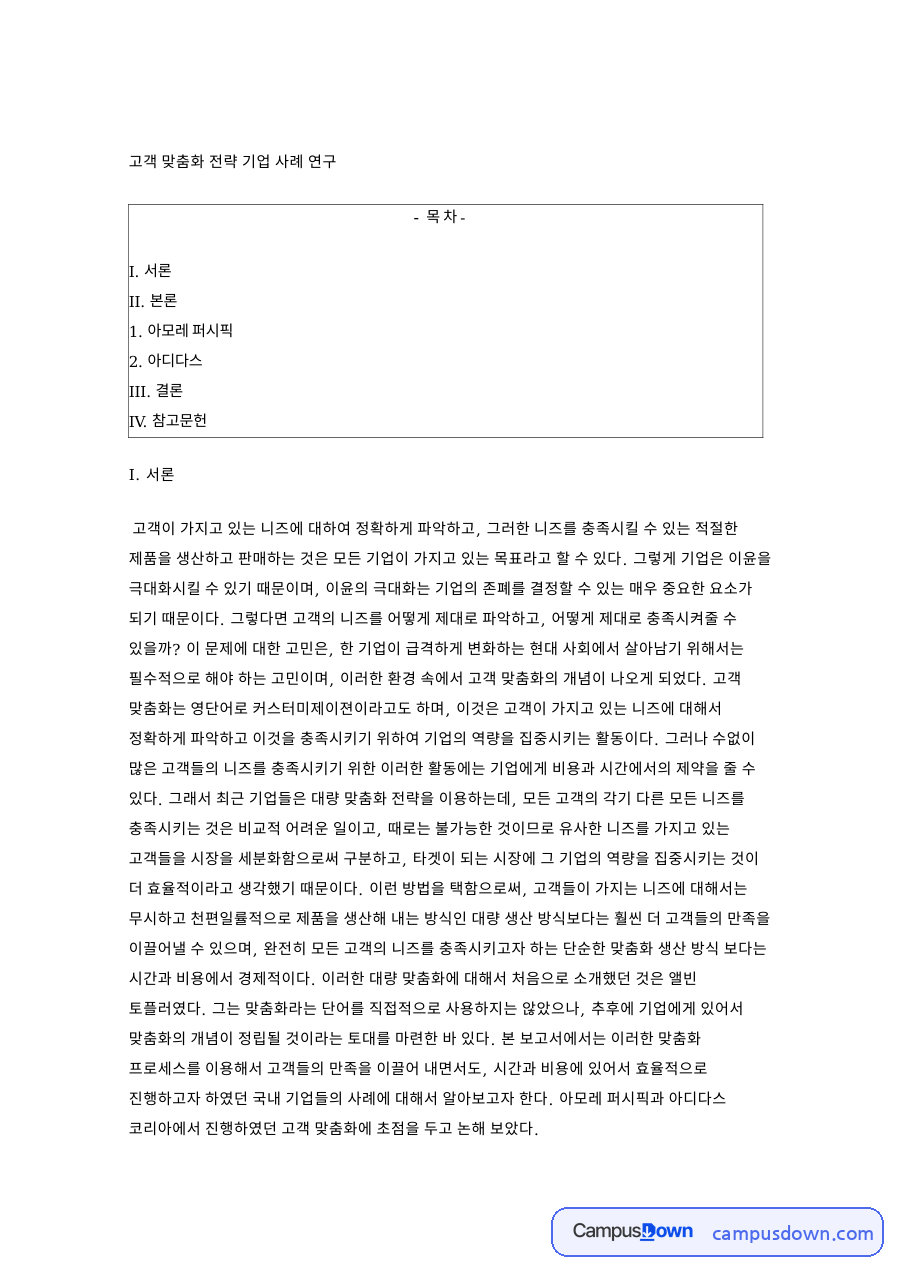 고객 맞춤화 전략 기업 사례 연구 자료의 첫 페이지 미리보기