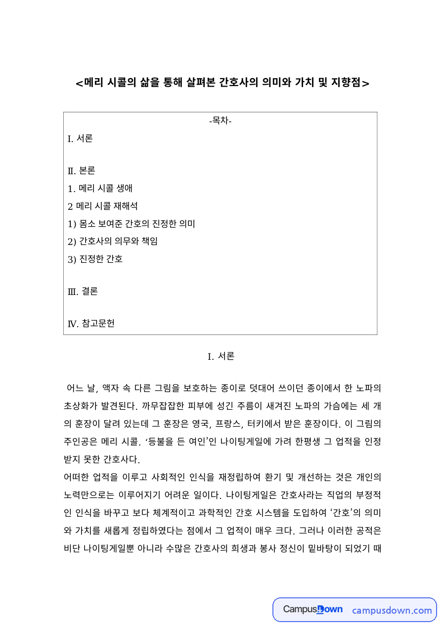 간호학 과제 – 메리 시콜의 삶으로 본 간호사의 의미와 가치 자료의 첫 페이지 미리보기