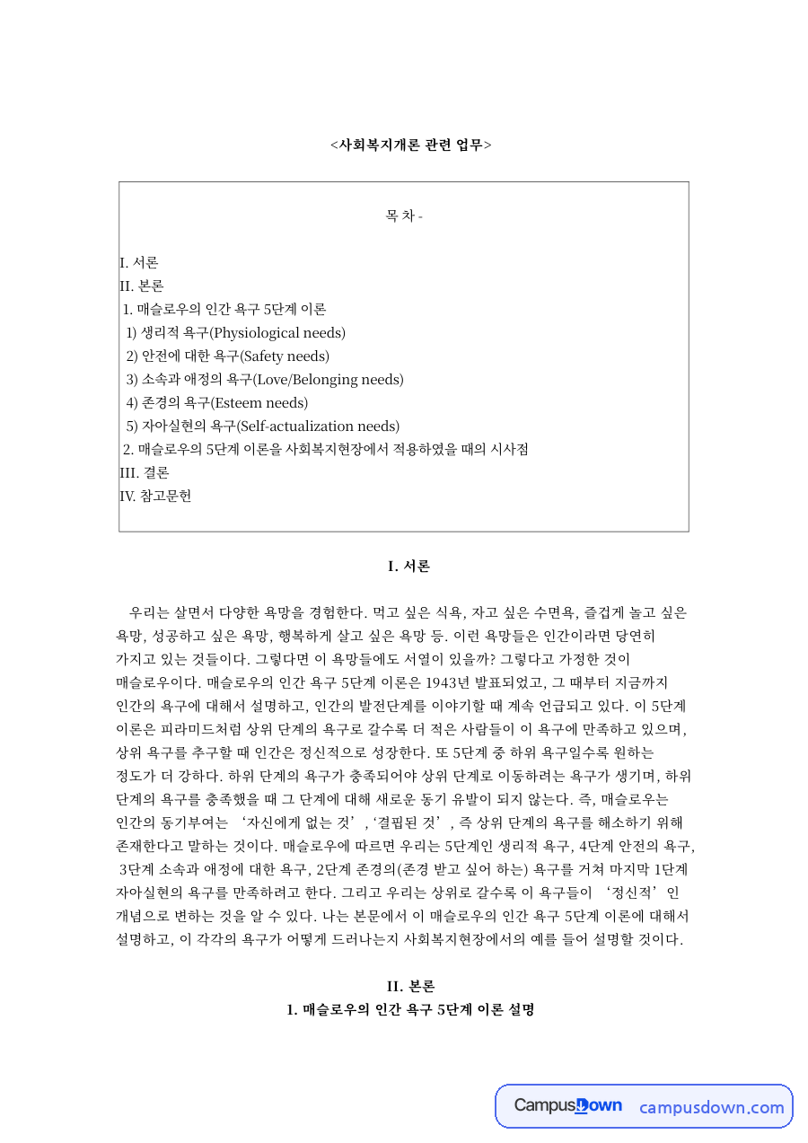 사회복지개론 관련 업무와 매슬로우의 인간 욕구 5단계 이론 자료의 첫 페이지 미리보기