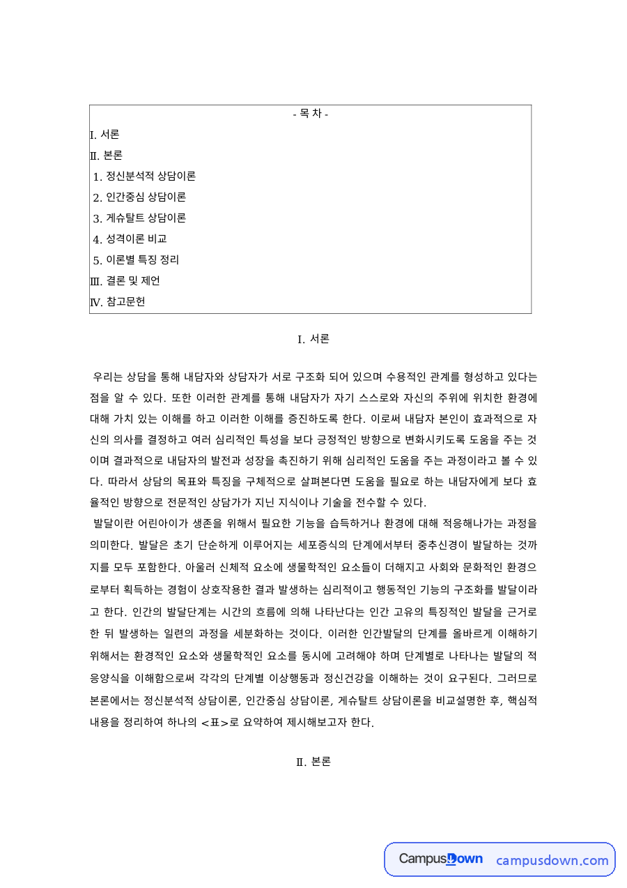 상담이론 과제 – 정신분석·인간중심·게슈탈트 상담이론 비교 자료의 첫 페이지 미리보기