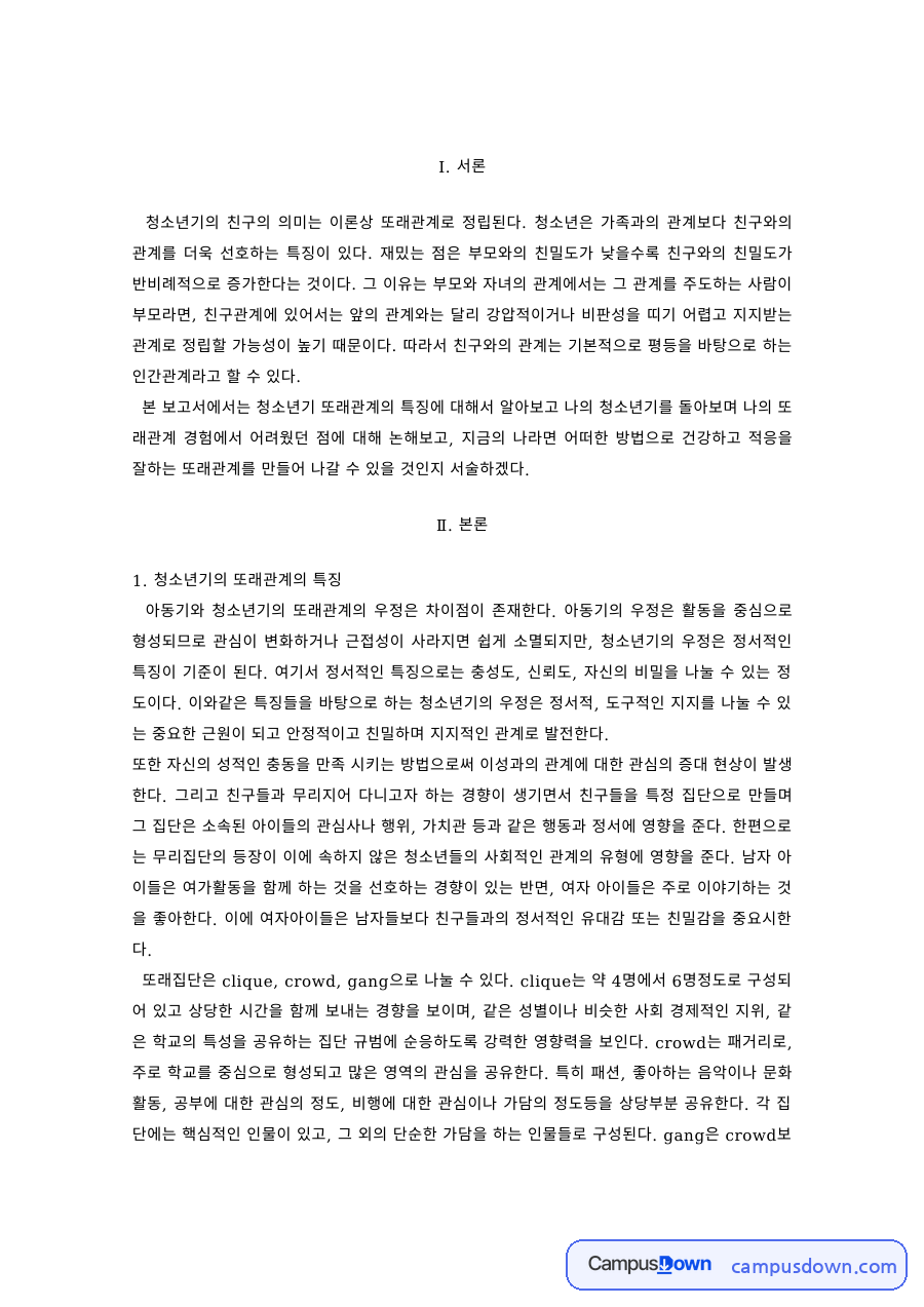 청소년심리 과제 – 청소년기 또래관계의 특징 자료의 첫 페이지 미리보기