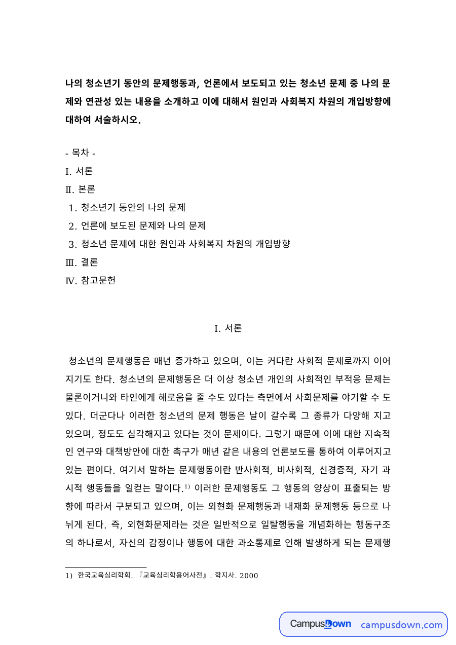 청소년 문제의 원인과 사회복지 차원의 개입방향 – 언론 보도와 나의 청소년기 자료의 첫 페이지 미리보기