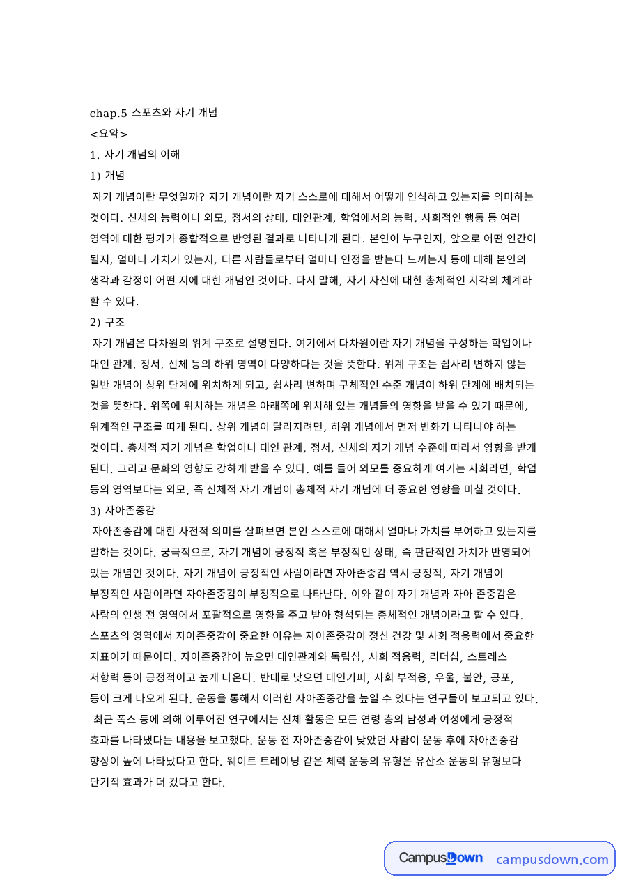 자기효능감 스포츠와 자기 개념 자아존중감 요약과 의견 자료의 첫 페이지 미리보기