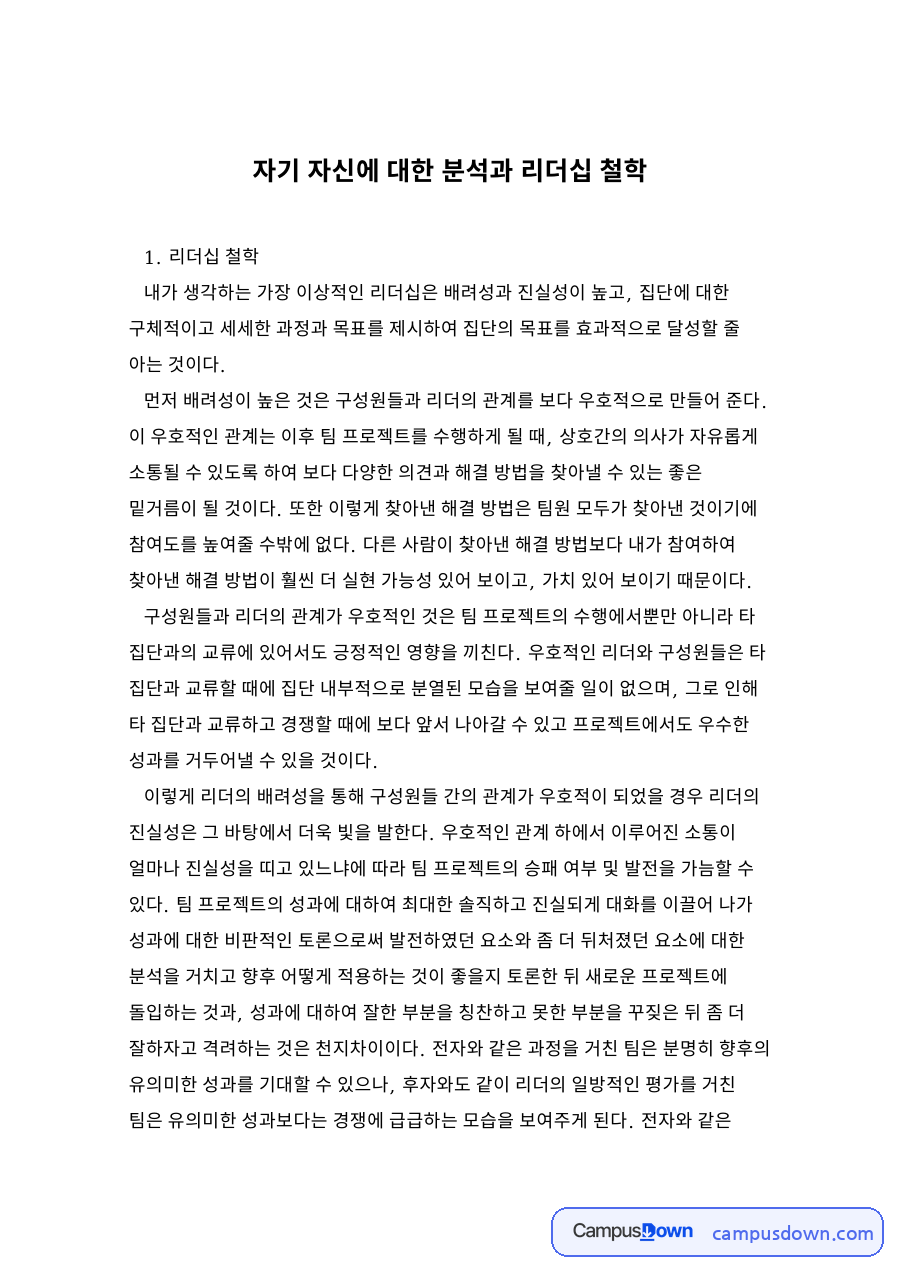 자기 자신에 대한 분석과 리더십 철학 자료의 첫 페이지 미리보기