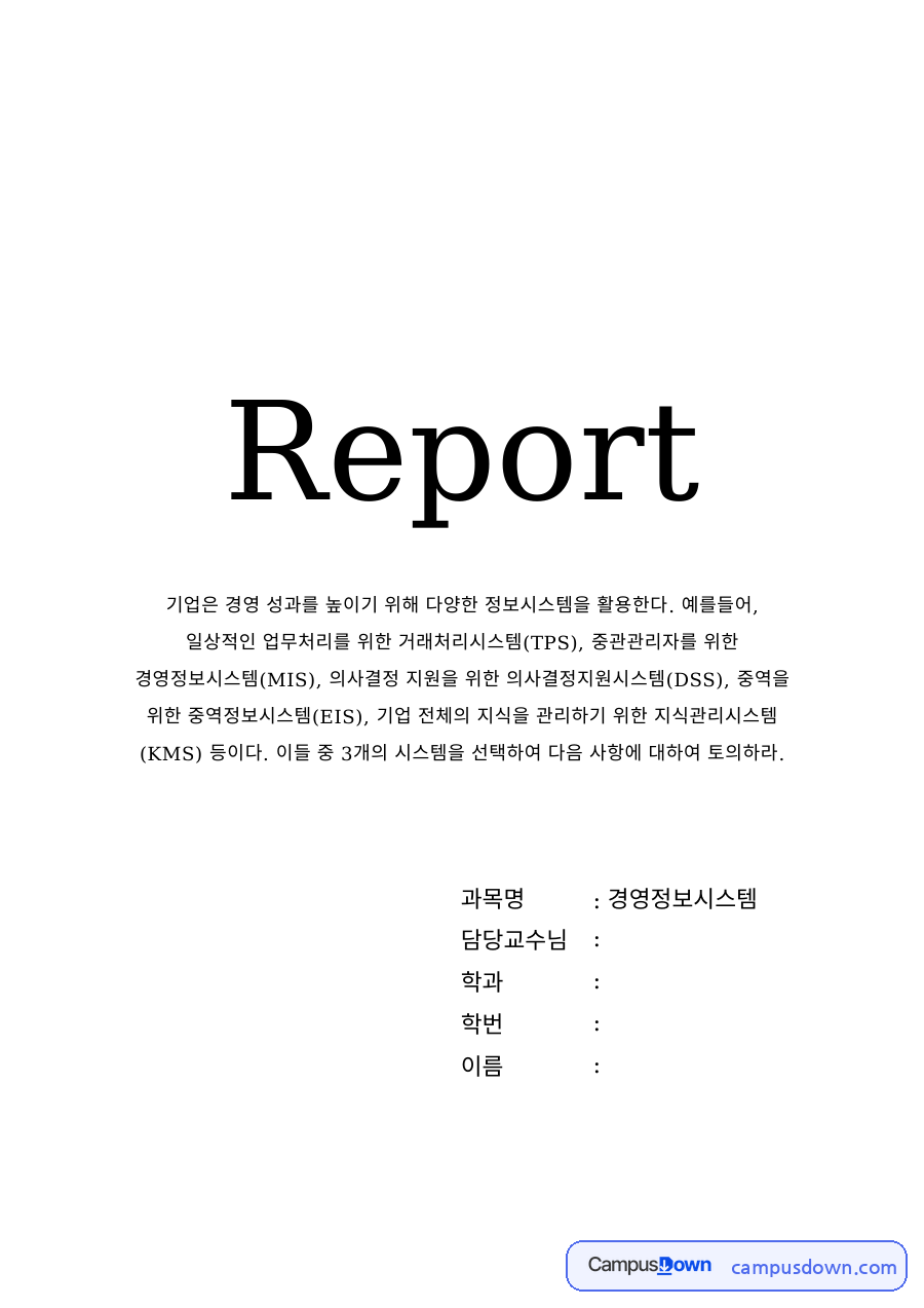 기업 정보시스템의 종류 – 거래처리시스템(TPS)·경영정보시스템(MIS)·의사결정지원시스템(DSS) 자료의 첫 페이지 미리보기