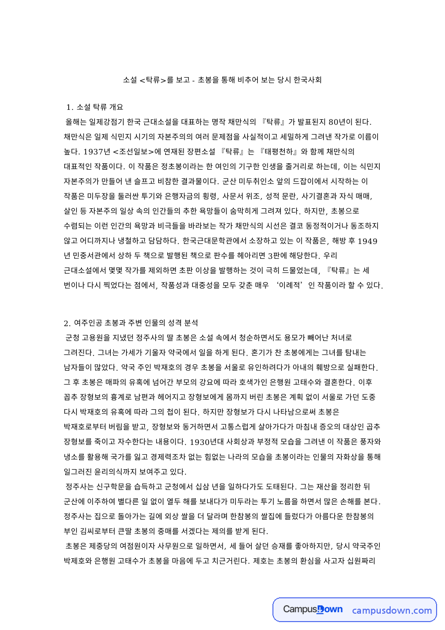소설 탁류를 보고 - 초봉을 통해 비추어 보는 당시 한국사회 자료의 첫 페이지 미리보기