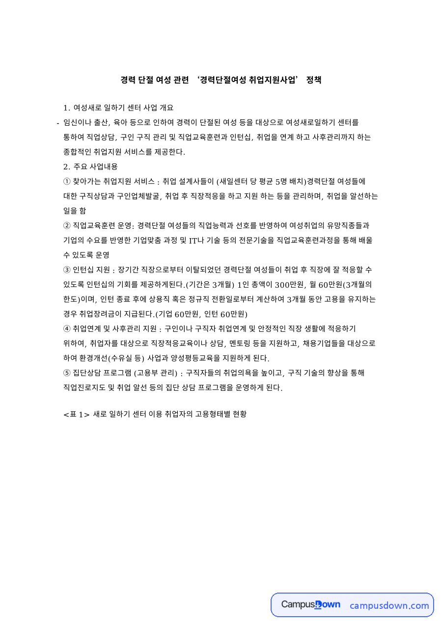 경력 단절 여성 관련 경력단절여성 취업지원사업 정책 핵심 내용 요약 정리 자료의 첫 페이지 미리보기