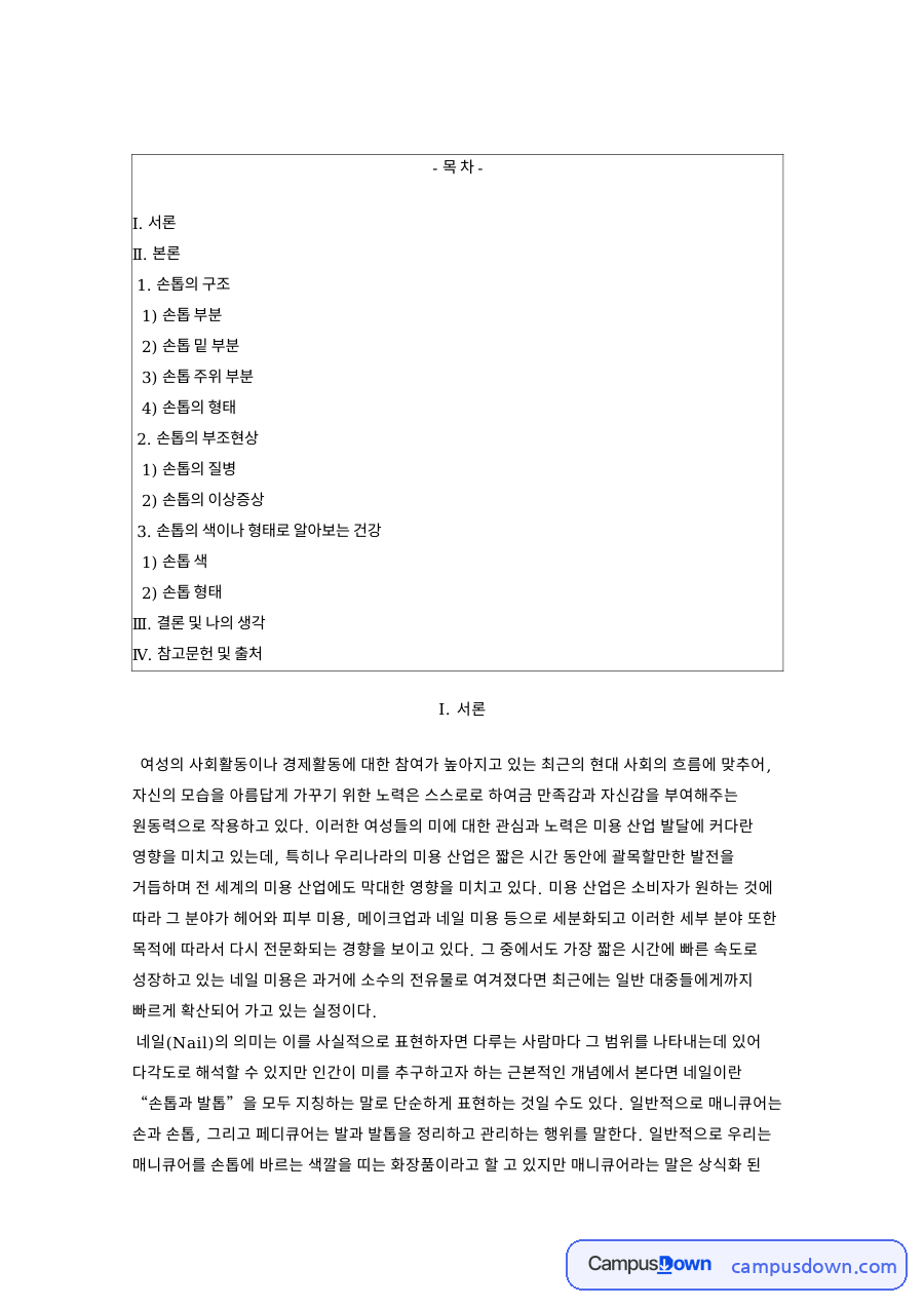 손톱 모양 5가지와 손톱 구조, 이상 증상 정리 자료의 첫 페이지 미리보기