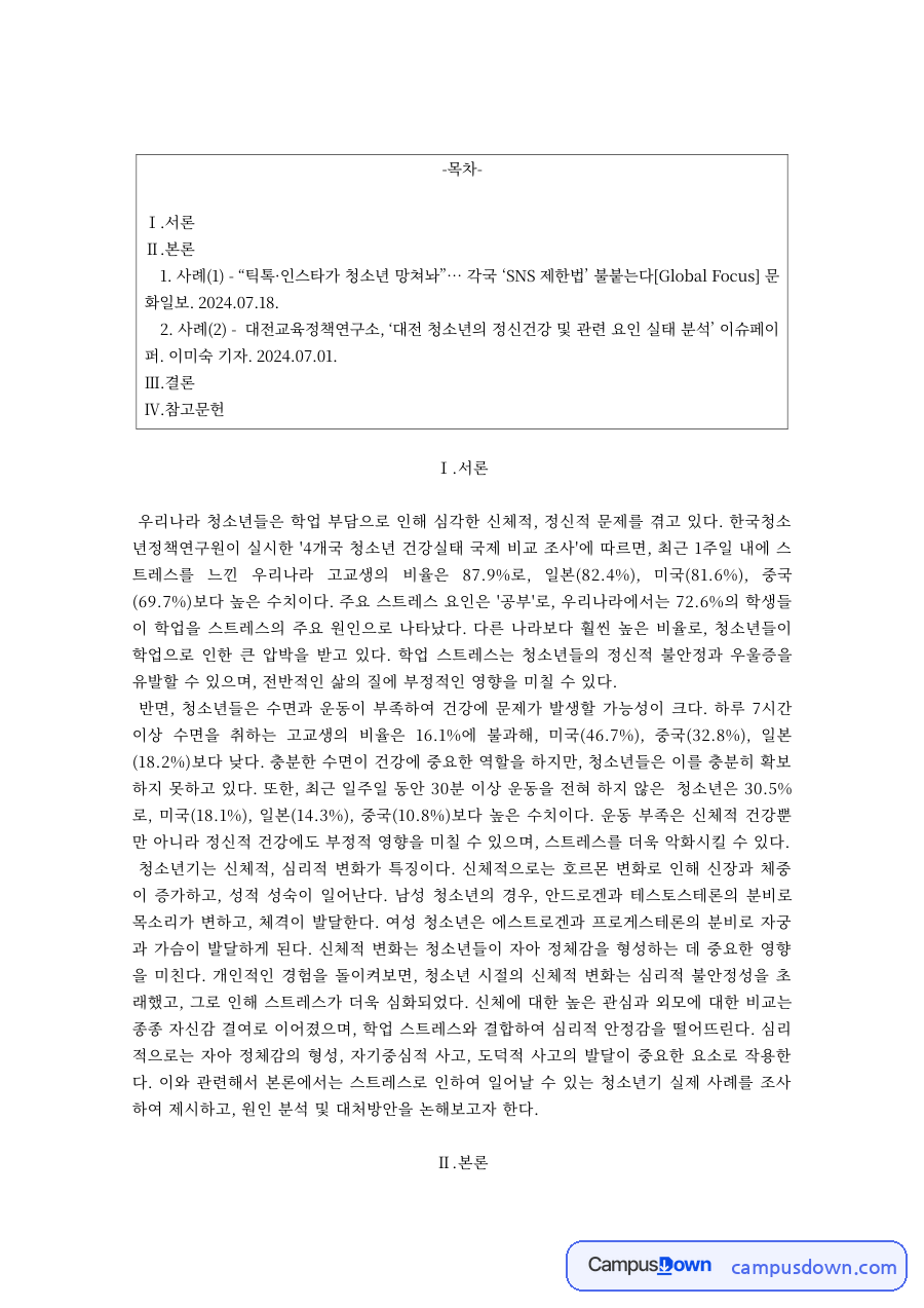 청소년복지 과제 – 청소년 학업 부담과 건강 문제 자료의 첫 페이지 미리보기