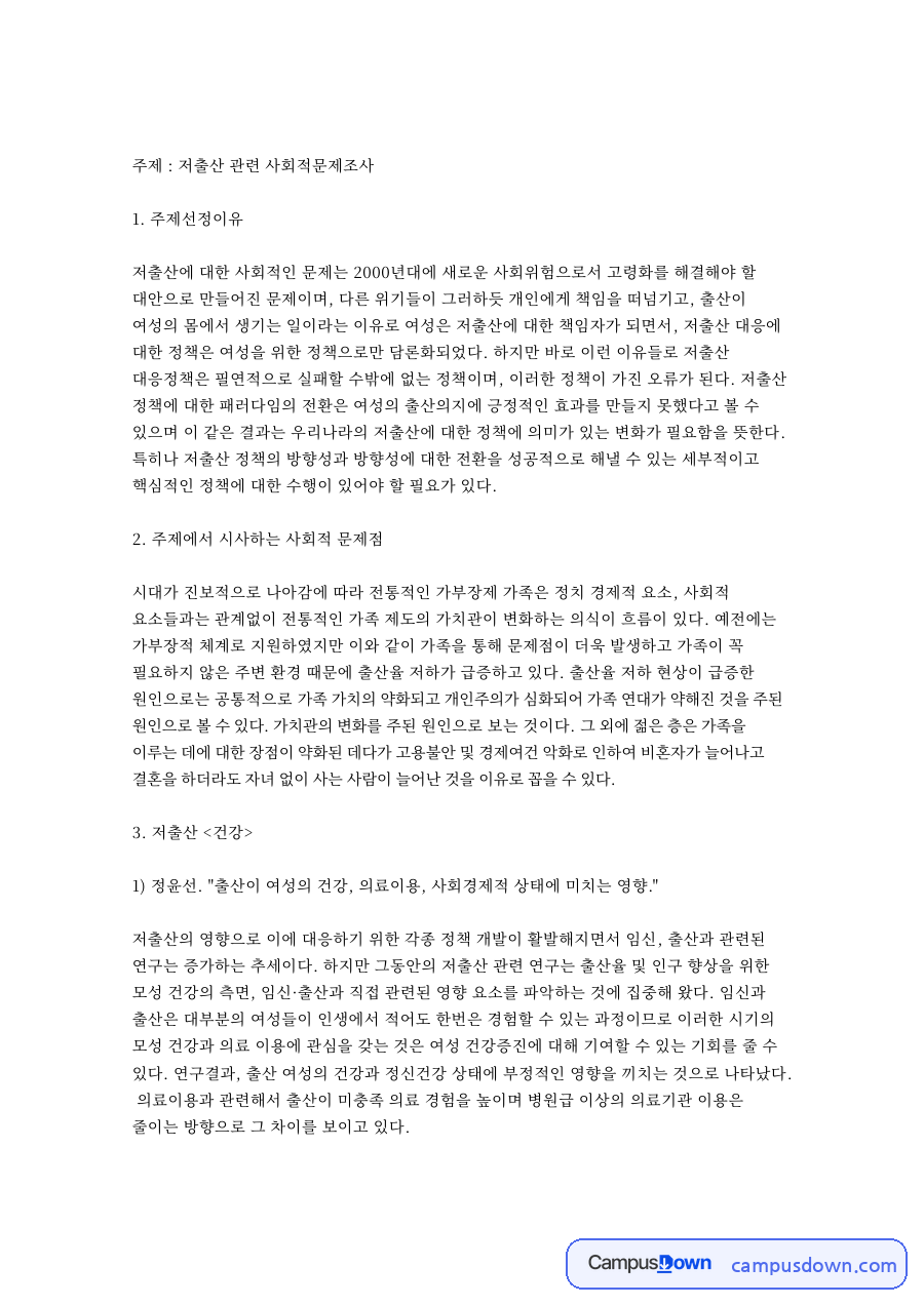 저출산 관련 사회적문제조사 핵심 개념과 주요 내용 정리 자료의 첫 페이지 미리보기