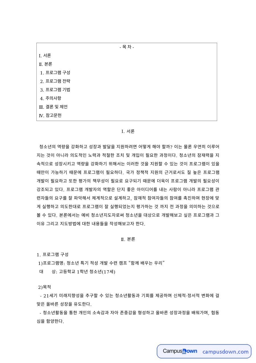 청소년프로그램개발 과제 – 청소년 역량강화 프로그램 구성과 전략 자료의 첫 페이지 미리보기