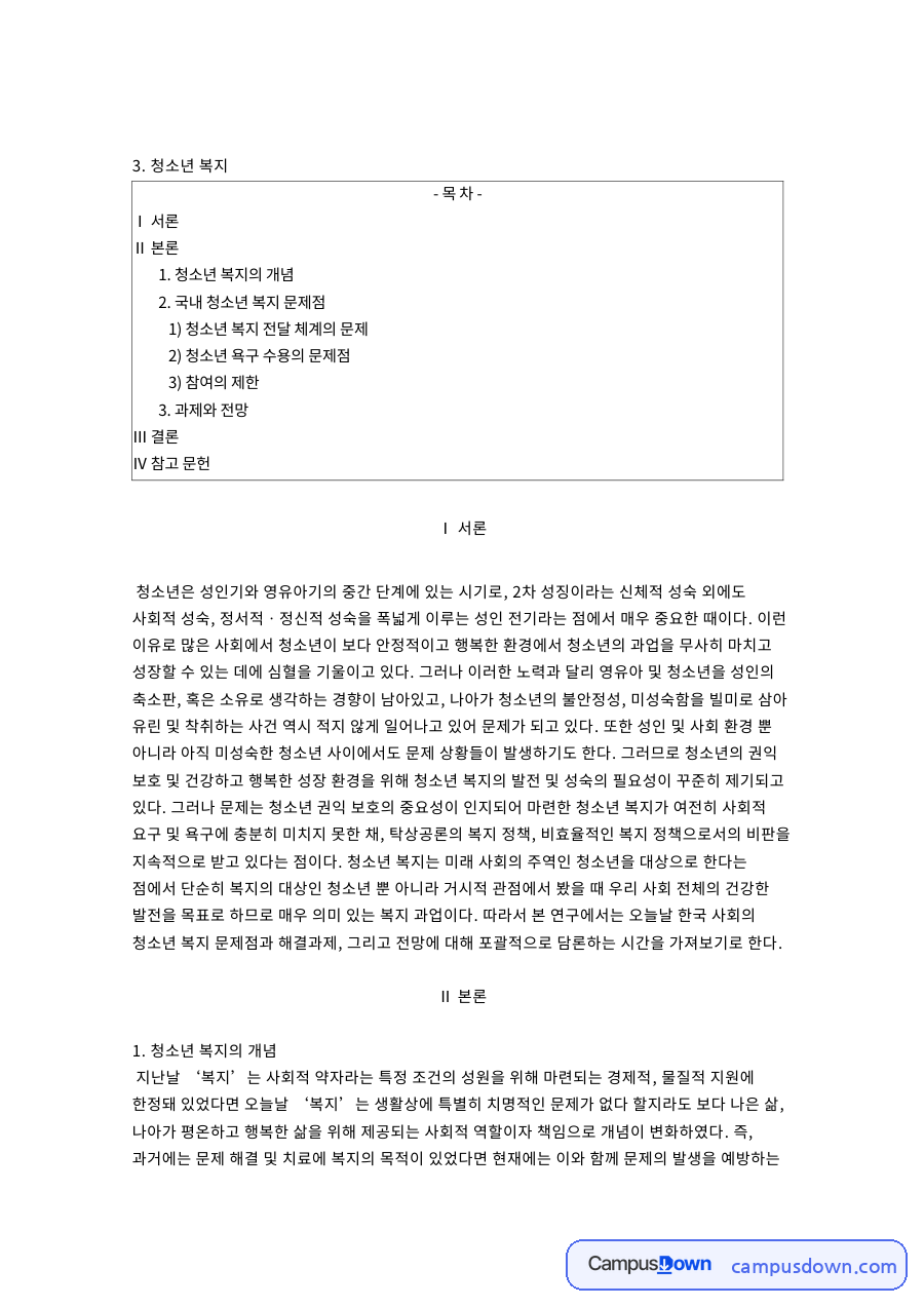 청소년 복지의 개념과 전달체계·욕구수용·참여의 문제점 자료의 첫 페이지 미리보기