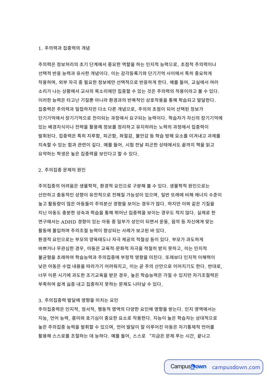 주의력과 집중력 개념과 영향 요인 아동 학습 발달 자료의 첫 페이지 미리보기