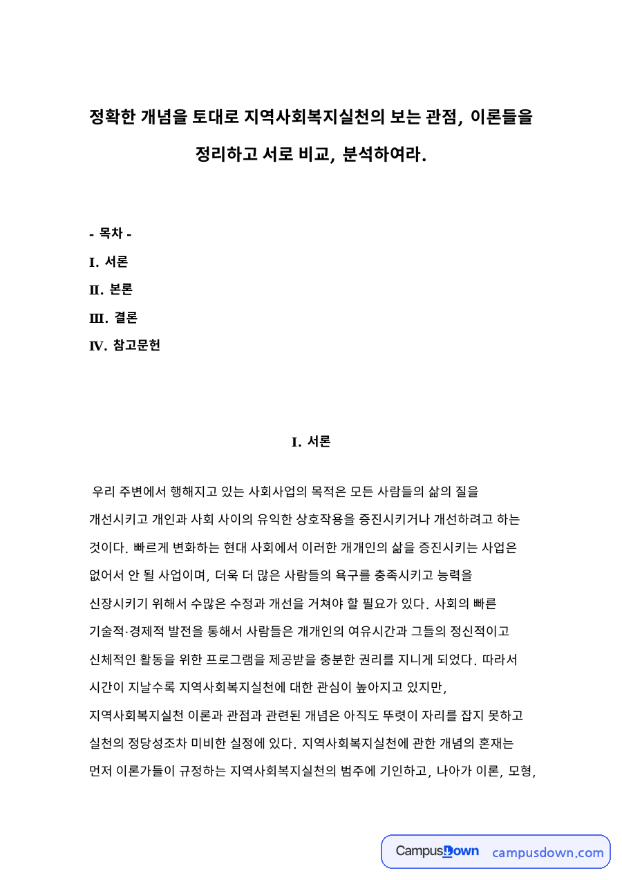 정확한 개념을 토대로 지역사회복지실천의 보는 관점 자료의 첫 페이지 미리보기