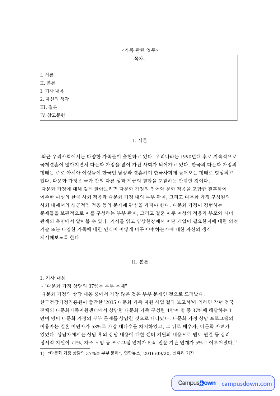 다문화와 가정, 부부 관련 핵심 내용 요약 정리 자료의 첫 페이지 미리보기