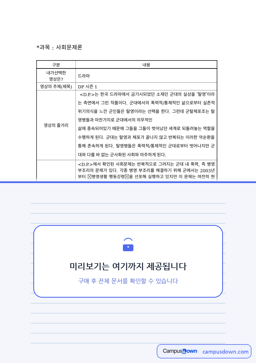미디어 과제 – 드라마 DP 시즌1 줄거리와 주제 분석 자료의 첫 페이지 미리보기