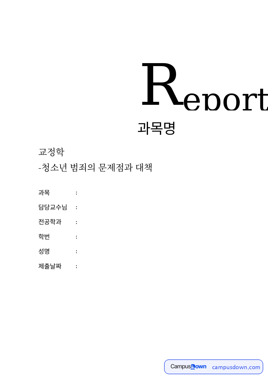 청소년 범죄의 특징과 원인, 예방 대책 자료의 첫 페이지 미리보기