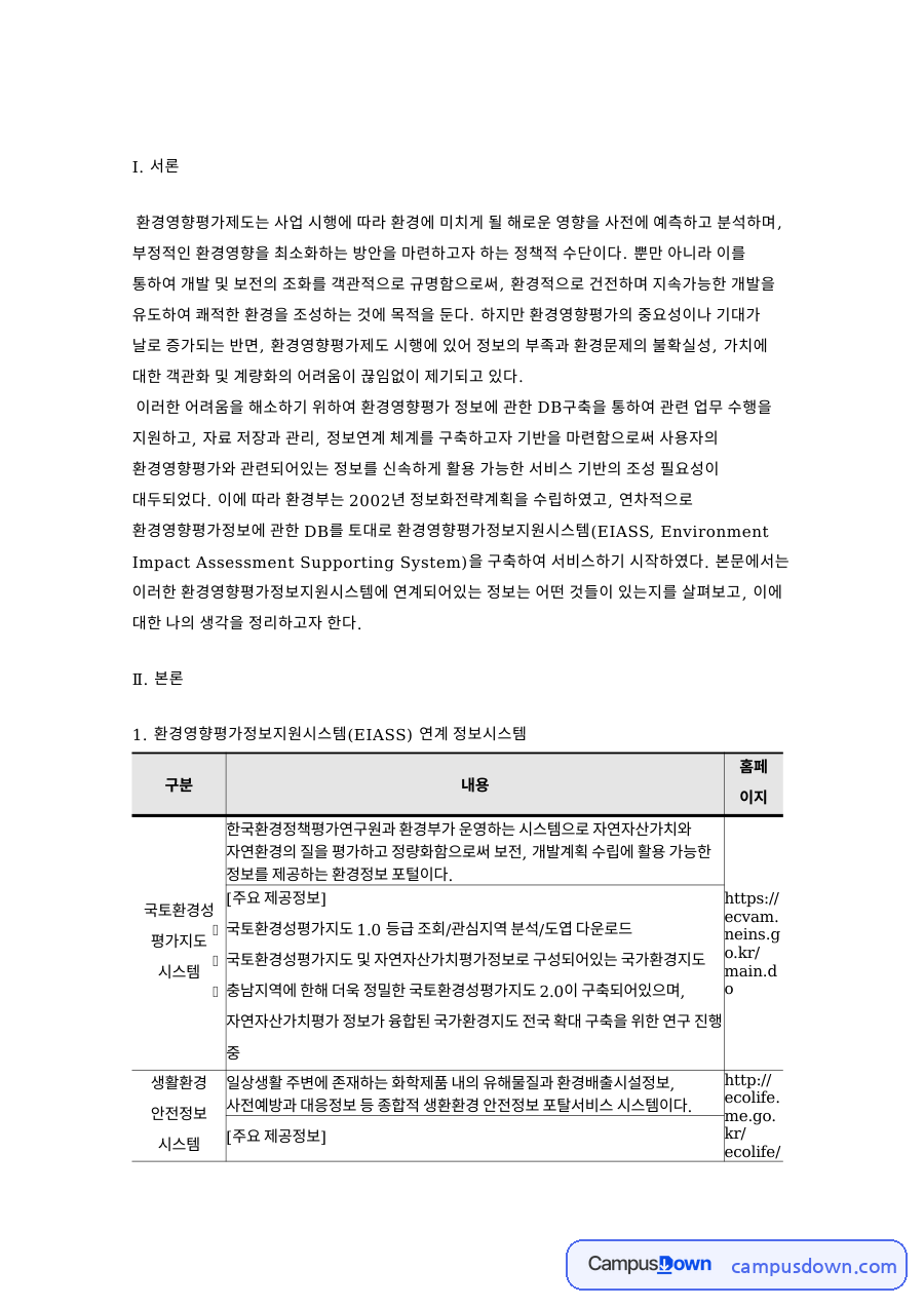 환경영향평가정보지원시스템(EIASS) 연계 정보시스템 핵심 내용 정리 자료의 첫 페이지 미리보기