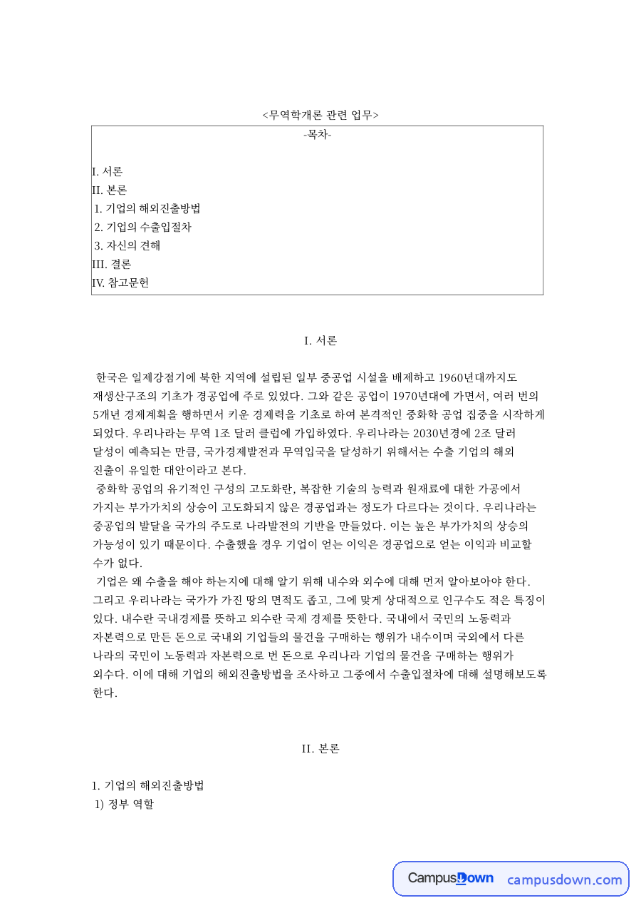 무역학개론 관련 업무 자료의 첫 페이지 미리보기