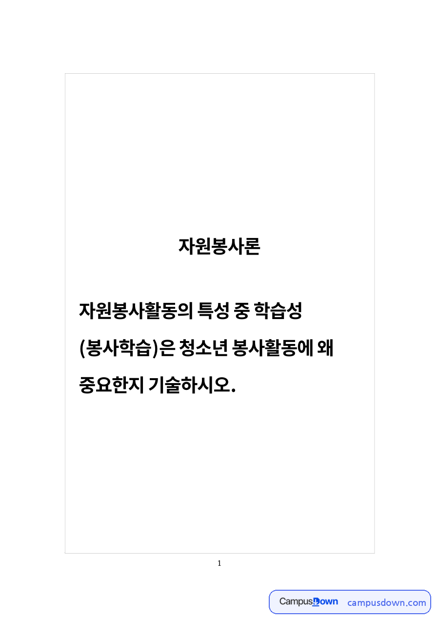 청소년 봉사활동 특성 자료의 첫 페이지 미리보기