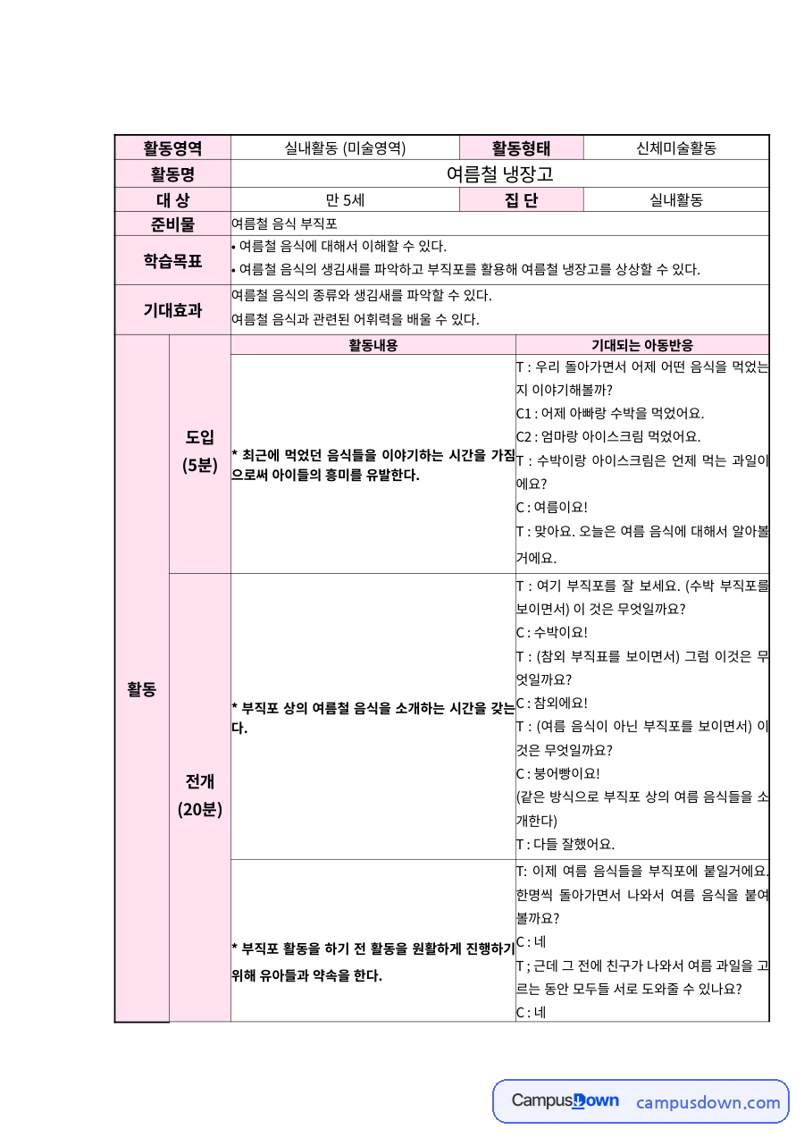 만5세 신체미술활동 계획안 – 여름철 냉장고 자료의 첫 페이지 미리보기