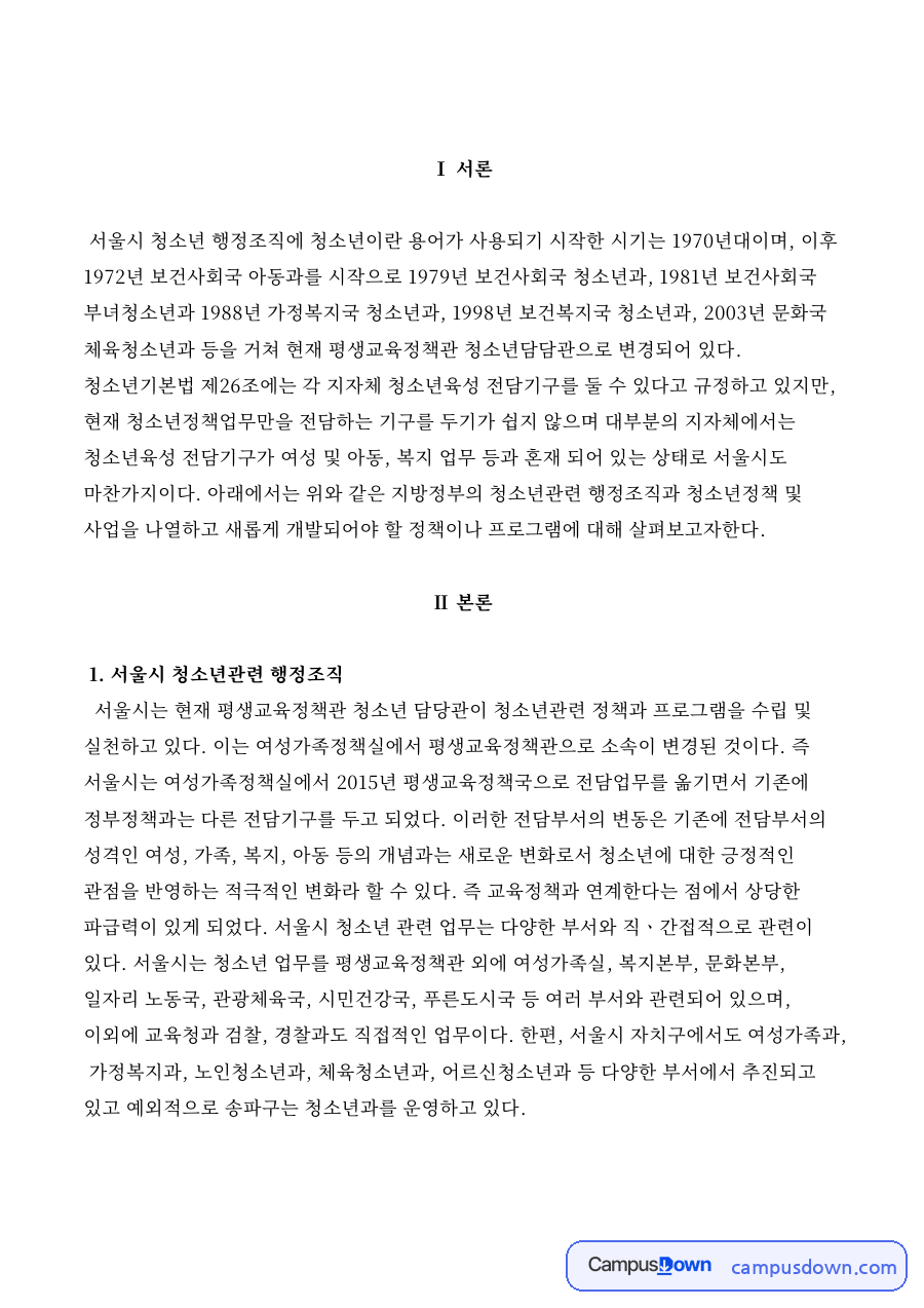청소년기본법과 서울시 청소년 조직, 참여 정책 제안 정리 자료의 첫 페이지 미리보기