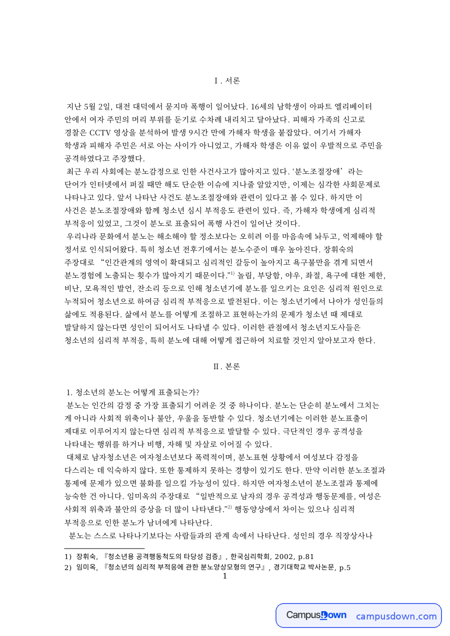 청소년의 분노는 어떻게 표출되는가 핵심 내용 요약 정리 자료의 첫 페이지 미리보기