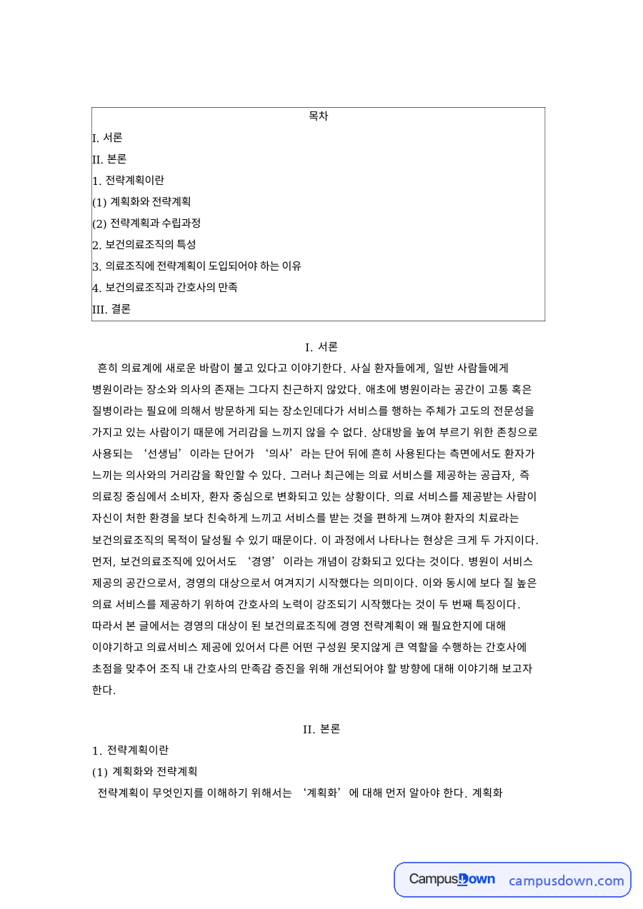 전략계획: 보건의료조직·간호사 중심 핵심 내용 정리 자료의 첫 페이지 미리보기