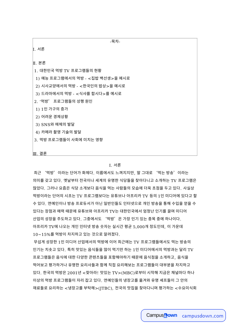 대한민국 먹방 TV 프로그램들의 현황과 1인 가구 자료의 첫 페이지 미리보기